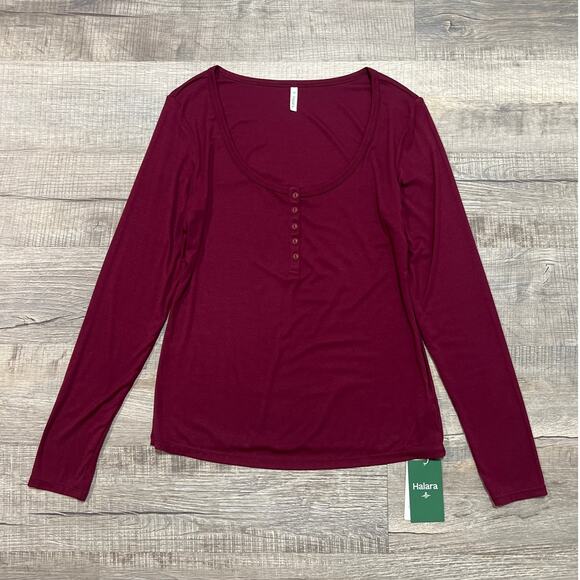 NWT Halara Softlyzero Long Sleeve Henley Top Size Large Red Maroon Scoop U Neck - Picture 1 of 10